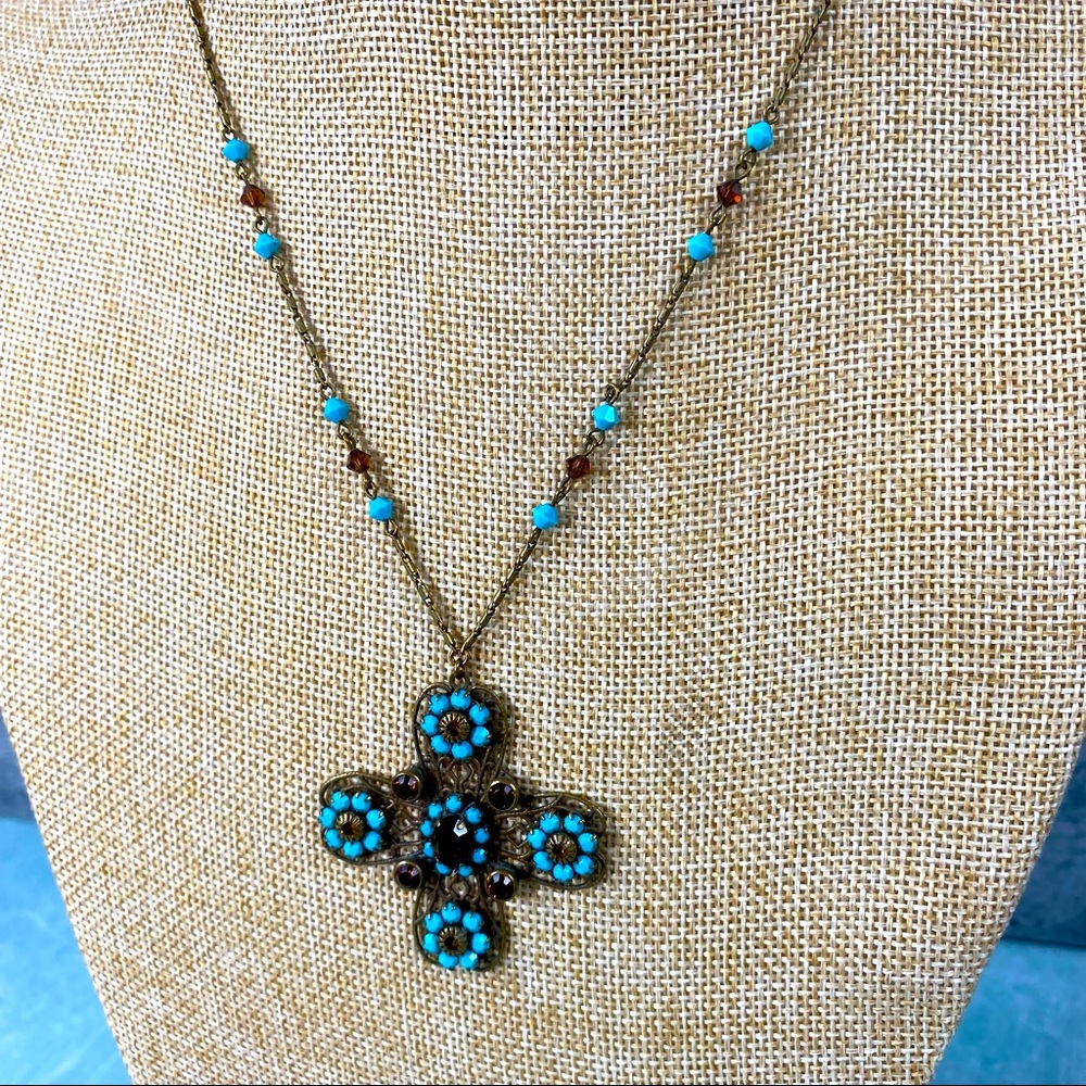 Liz Paiacios Turquoise And Bronze Floral Cross Necklace